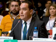 PUEBLOS DE AMÉRICA PROTESTAN ANTE LA OE EN LA VOZ DE UN REPRESENTANTE DE LA DEMOCRACIA